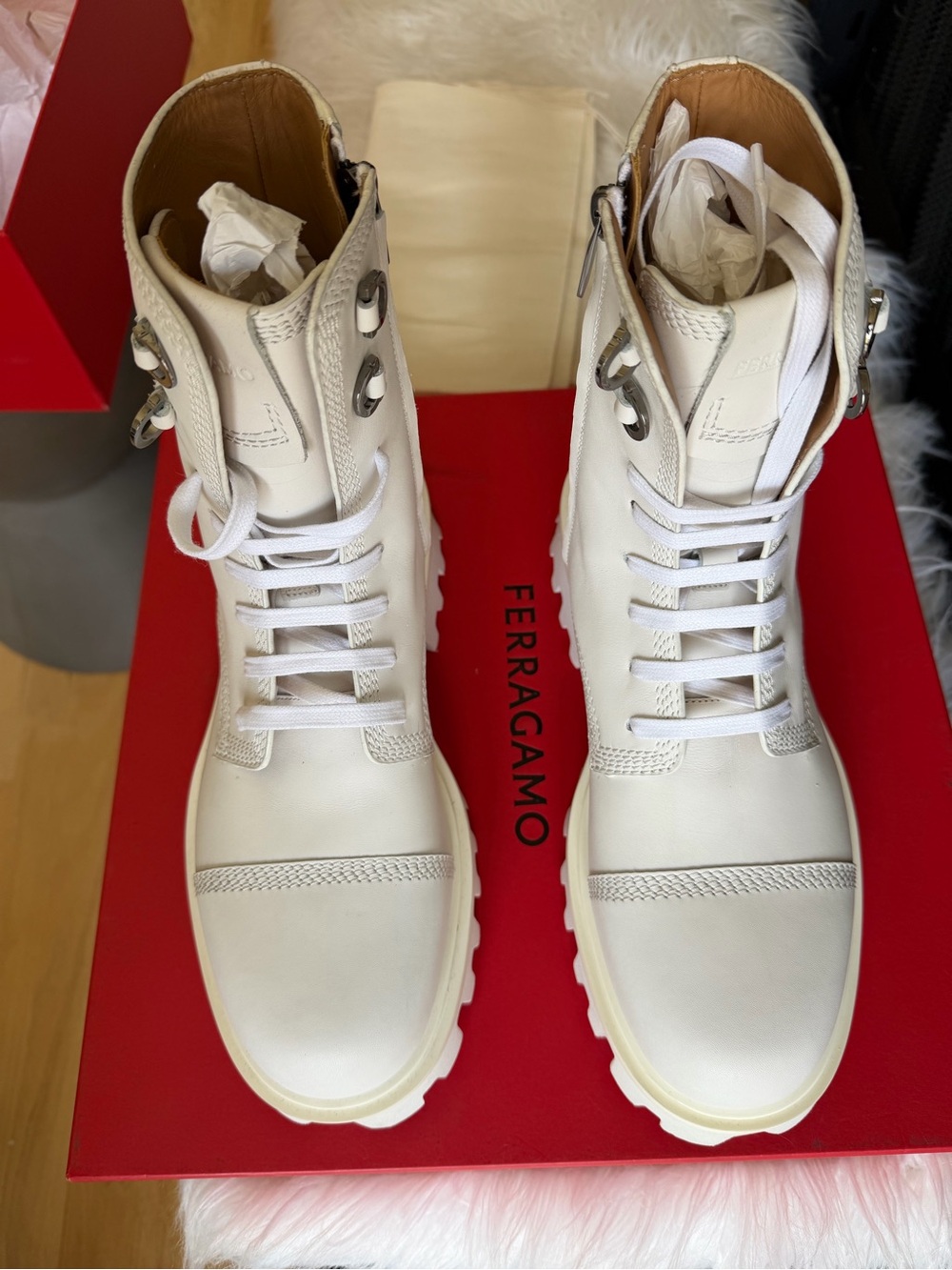 Ferragamo Faraway Men’s White Leather Lace-Up Combat Boots NIB